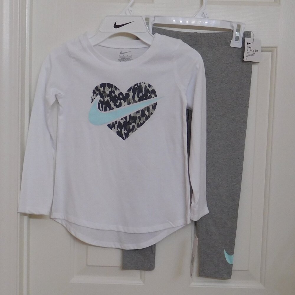 NWT 2pc Nike White Gray Green Heart Swoosh Logo Top & Leggings Set sz 6X